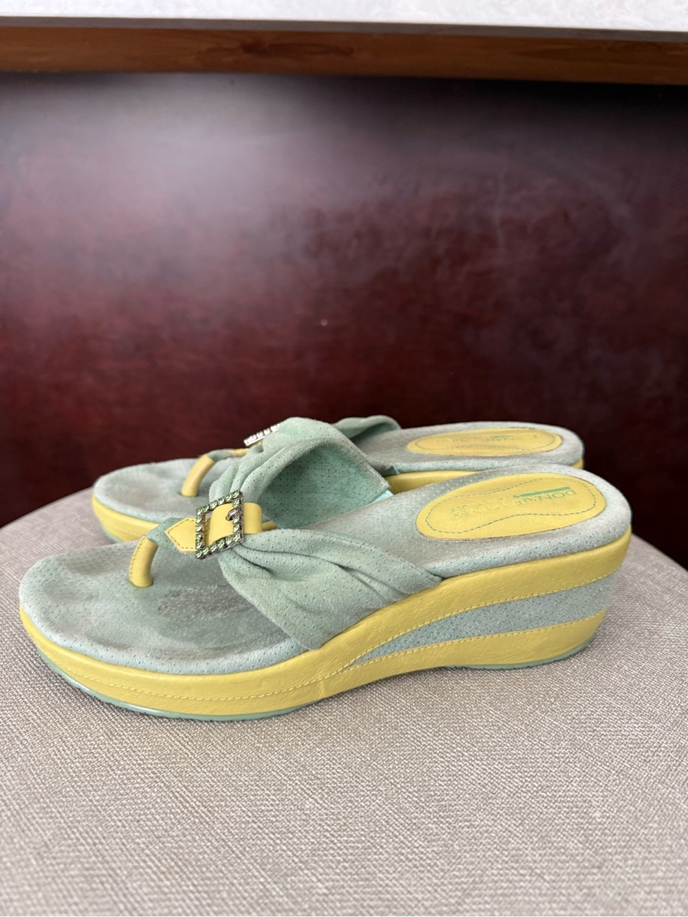 Donald J. Pliner Misty Green & Yellow Thong Wedge Sandals with Decorative Buckle - Picture 12 of 14